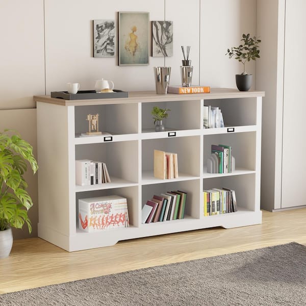 HAWOO 36.25in. Tall White Wood 9-shelf Large Standard Bookcase with Interior Shelves, Storage