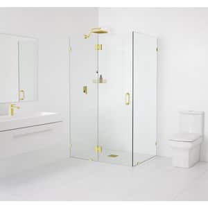 34 in. W x 35 in. D x 78 in. H Pivot Frameless Corner Shower Enclosure in Polished Brass Finish with Clear Glass