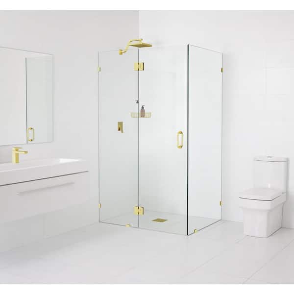 Glass Warehouse 53 in. W x 35 in. D x 78 in. H Pivot Frameless Corner Shower Enclosure in Polished Brass Finish with Clear Glass