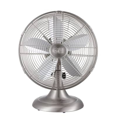Retro 12 in. All-Metal Table/Desk Fan with 3-Speed Settings, Wide Oscillation, and Carrying Handle in Brushed Nickel
