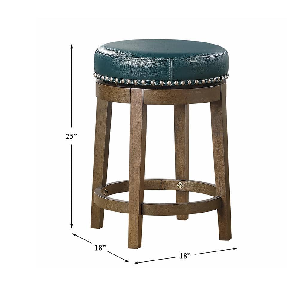 Green Swivel Backless Wood and Leather Counter Stool, 25"