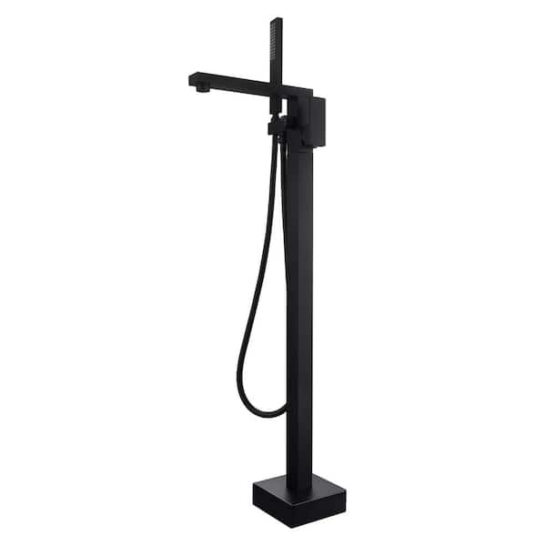 Single-Handle Freestanding Tub Faucet Floor Mount Tub Filler with Hand Shower in Matte Black