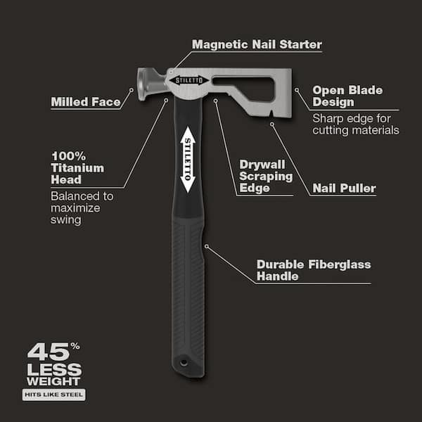 Stiletto Drywall Axe Fiberglass Hammer with 13 in. Handle with 12 in. Titanium Clawbar Nail Puller with Dimpler