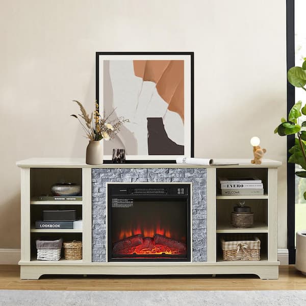SUNRINX 58 in. W Freestanding Wooden Modern Electric Fireplace TV Stand with Faux Stacked Stone Surround in White