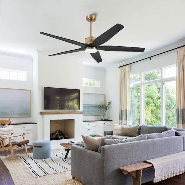 60 Inch. 5 Blades Dc Motor Indoor Standard Ceiling Fan With Light Kit And Remote Black and Gold Down-rod