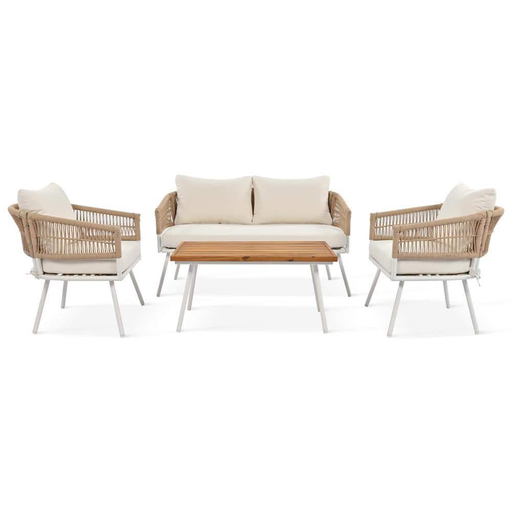 4 Piece Metal Patio Conversation Set with Beige Cushion for Backyard ...