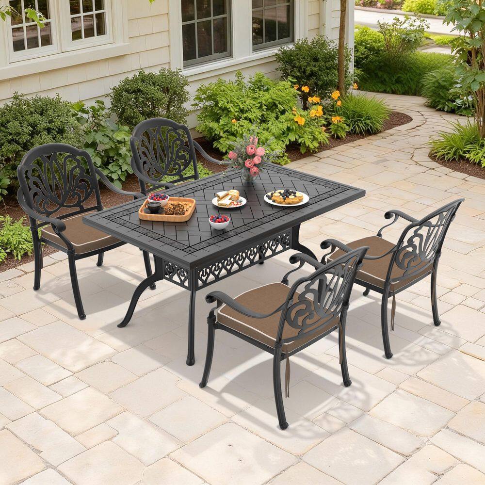 Black 5-Piece Rust-Free Cast Aluminum Outdoor Dining Set with Rectangular Table, 4 Dining Chairs and Brown Cushions price history on PriceWatchPro