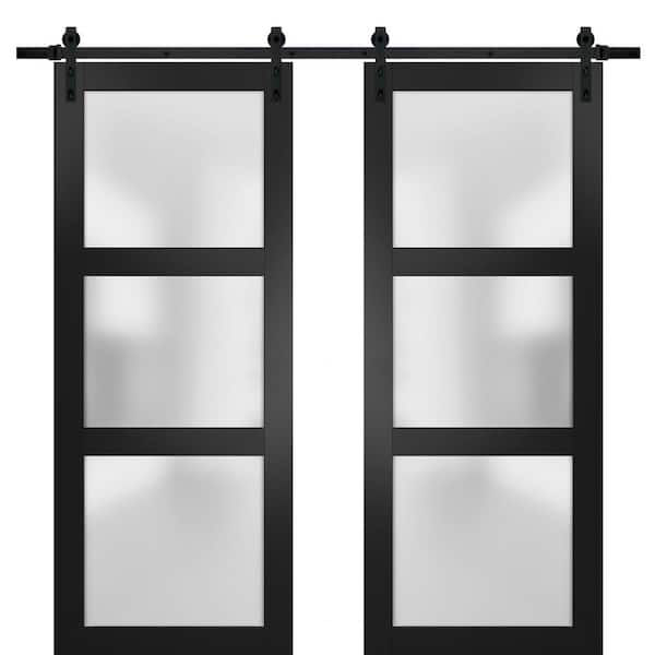 Sartodoors 2552 36 in. x 80 in. 3 Panel Black Finished Pine Wood Sliding Door with Double Barn Hardware