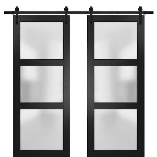 2552 48 in. x 80 in. 3 Panel Black Finished Pine Wood Sliding Door with Double Barn Hardware