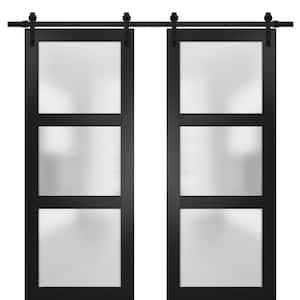 2552 56 in. x 96 in. 3 Panel Black Finished Pine Wood Sliding Door with Double Barn Hardware