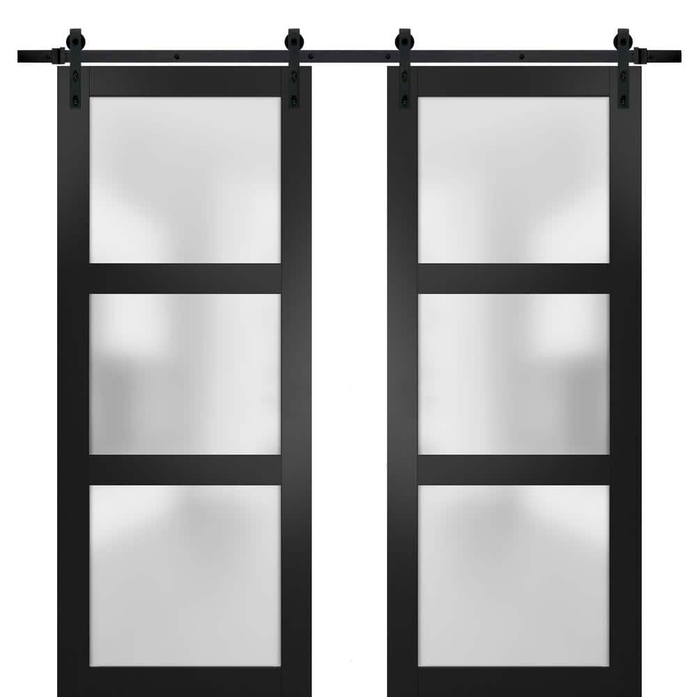 2552 60 in. x 84 in. 3 Panel Black Finished Pine Wood Sliding Door with Double Barn Hardware price history on PriceWatchPro