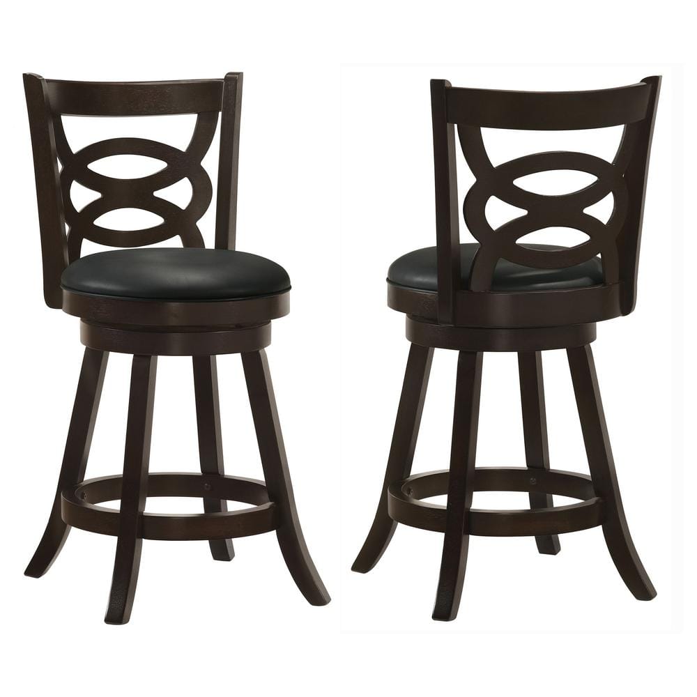Elegante Swivel 37.5" Black Leather and Wood Counter Stool
