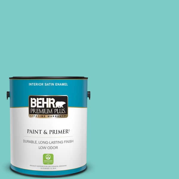 BEHR PREMIUM PLUS 1 gal. #BIC-39 Blue Green Gem Satin Enamel Low Odor Interior Paint & Primer
