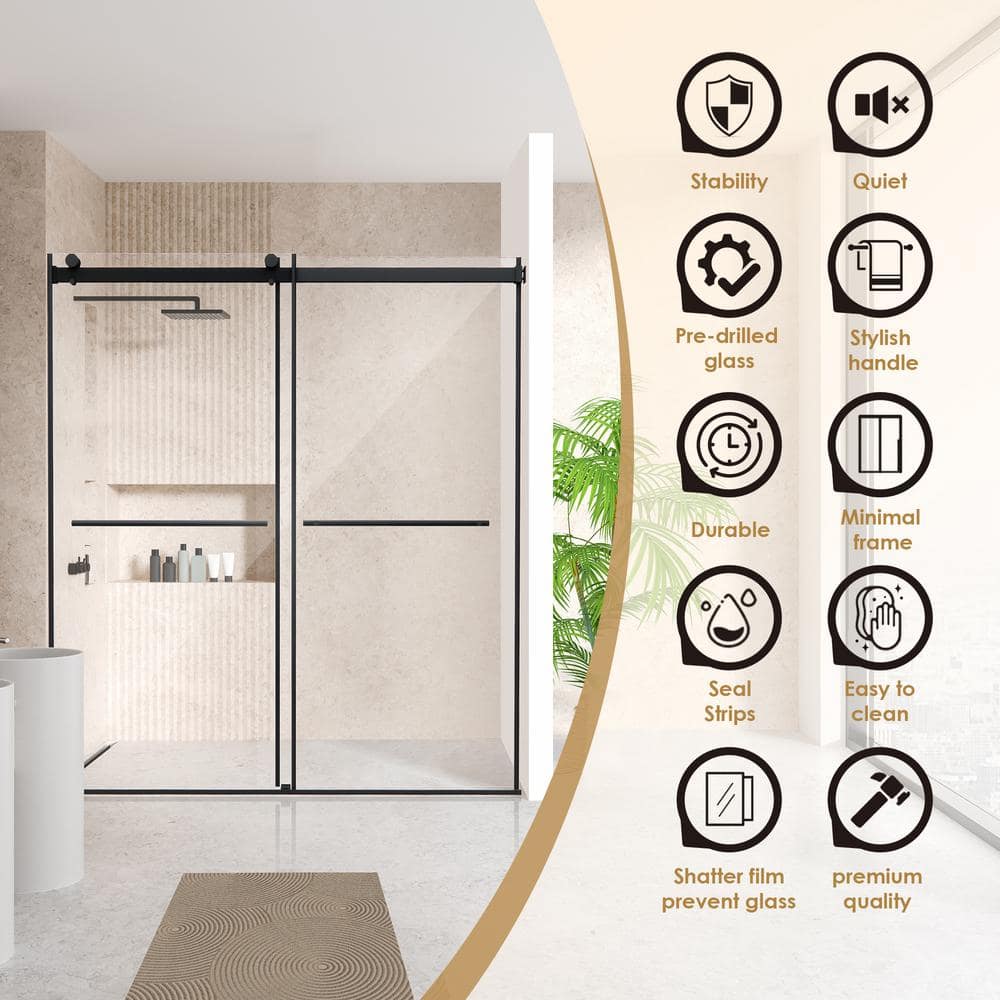 Belizzi 68" Matte Black Frameless Shower Door with Clear Glass