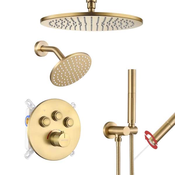 Single Handle 4-Spray Shower Faucet 1.8 GPM 12 in. Round Ceiling Mounted Shower with Pressure Balance in Brushed Gold