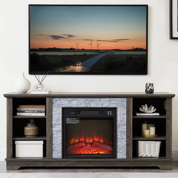 ToolCat 58 in. Freestanding Mantel Electric Fireplace TV Stand with Faux Stacked Stone Surround, with 18" Fireplace Insert, Grey