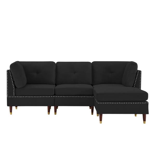 Utopia 4niture Agnes 88.58 in. W Flared Arms 1-Piece L Shaped Velvet Modern Sectional Sofa in Black with Nail Head