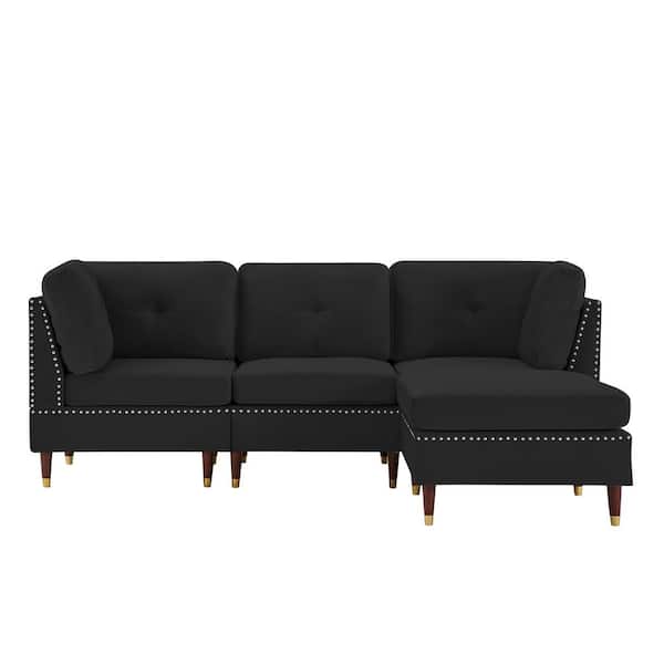 Utopia 4niture Andre 58.27 in. Square Arm Velvet L-Shaped Sectional Sofa with Ottoman Black