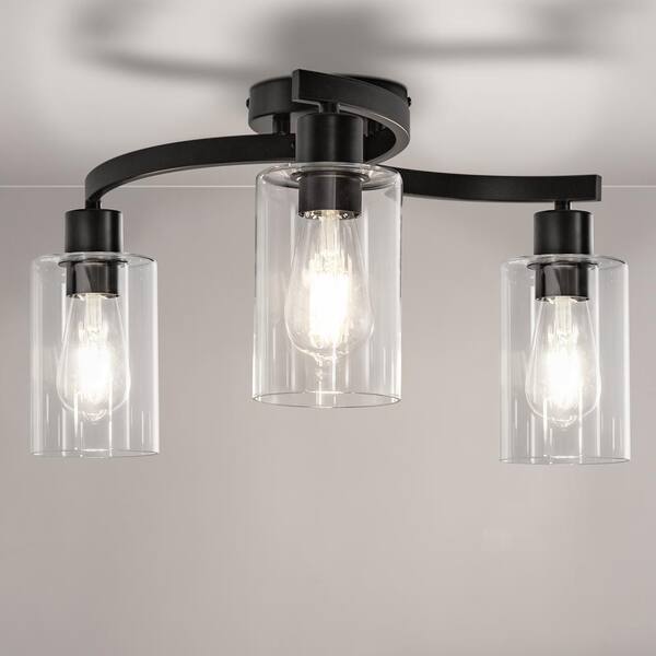 YANSUN 11.8 in. 3-Light Semi-Flush Mount Ceiling Light, Matte Black Bedroom Light Fixtures with Clear Glass Shades HA-BX08001CBL-1A - The Home Depot YANSUN 11.8 in. 3-Light Semi-Flush Mount Ceiling Light, Matte Black Bedroom Light Fixtures with Clear Glass Shades HA-BX08001CBL-1A - The Home Depot