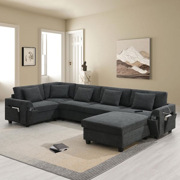 128 in. Square Arm Chenille Sofa in Black with Ottoman,Hidden Armrest Storage, Cup Holders and USB Charging Ports