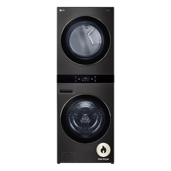 WashTower Stacked SMART Laundry Center 5.0 Cu.Ft. Front Load Washer & 7.4 Cu.Ft. Gas Dryer in Black Steel w/ Steam