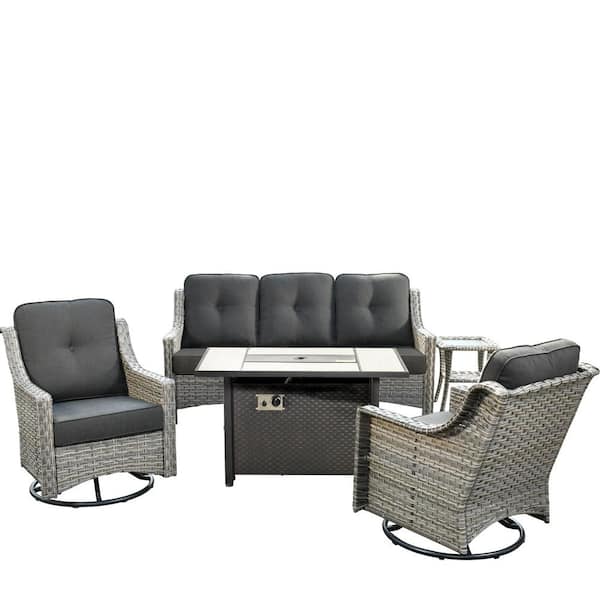 Eureka Gray 5-Piece Wicker Outdoor Patio Conversation Sofa Chair Seating Set with Metal Fire Pit and Black Cushions