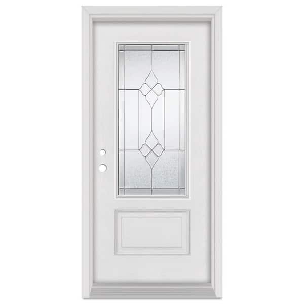 Stanley Doors 32 in. x 80 in. Geometric Right-Hand Zinc Finished Fiberglass Mahogany Woodgrain Prehung Front Door