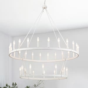 36-Light 2-Tiers Distressed White Candle Style Wagon Wheel Chandelier Round Industrial Pendant Lighting