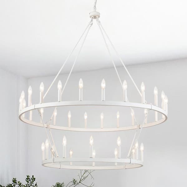 36-Light 2-Tiers Distressed White Candle Style Wagon Wheel Chandelier Round Industrial Pendant Lighting