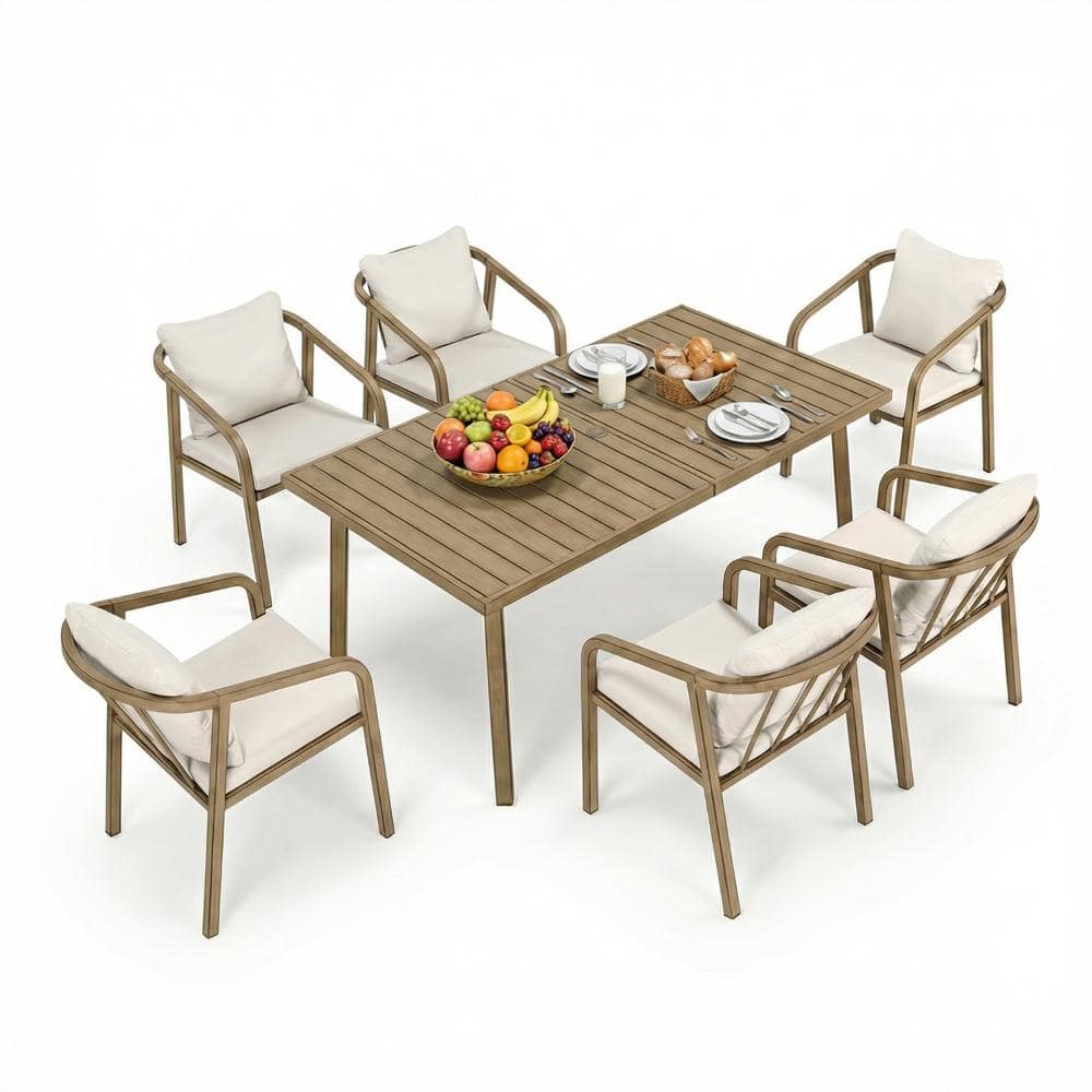 7-Pieces Aluminum Outdoor Patio Dining Set with Beige Cushioned Dining Chairs and Rectangular Table, Teak price history on PriceWatchPro