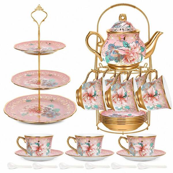 21-Piece 6-Cup Pink Porcelain Tea Pot Set with Cups, Saucers, Metal Holder and Cupcake Stand for Parties Weddings