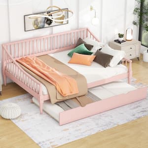 Pink Wood Full Size Daybed with Twin Size Trundle, Vertical Strip Hollow Shaped Bedrails, Support Legs