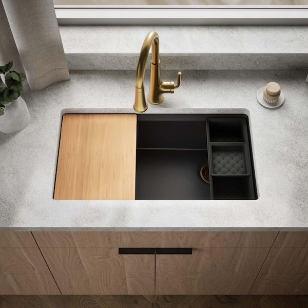 Lassen 33 in. Drop-in Single Bowl Granite Composite Kitchen Workstation Sink in Matte Black with Accessories