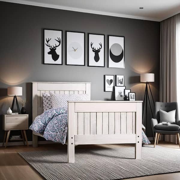 Benjara Waly Weathered White Pine Wood Frame Twin Platform Bed