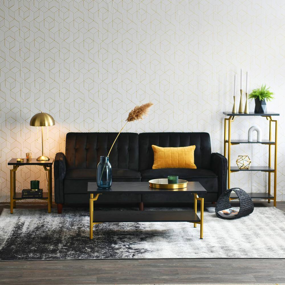 Black Oak and Gold Rectangular Coffee Table with Storage Shelf