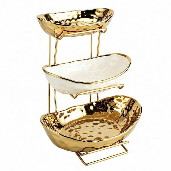 1 Piece 3 Tier Ceramic Fruit Bowl with Metal Rack, Fruit Basket with Stand, Porcelain Bowls for Vegetable Fruit