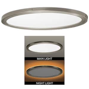 32 in. Low Profile Oval Brushed Nickel Color Selectable LED Flush Mount Ceiling Light w/Night Light Feature