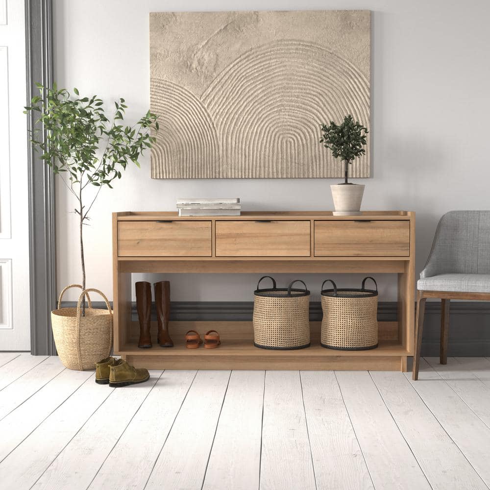 Natural Oak Modern Wood Console Table with Storage Drawers
