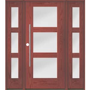 Modern Faux Pivot 64 in. x 80 in. 3-Lite Right-Hand/Inswing Satin Glass Redwood Stain Fiberglass Prehung Front Door wDSL