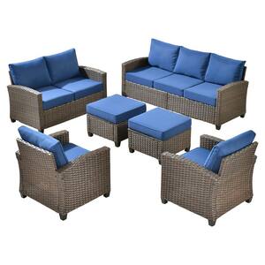 Palermo Brown 6-Piece Modern Wicker Modular Outdoor Patio Conversation Sofa Seating Set with Navy Blue Cushions