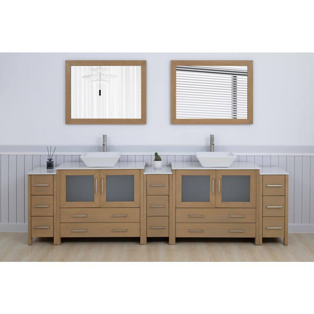 108 in. W Double Basin Natural Oak Bath Vanity with White Engineered Marble Top and Mirror price history on PriceWatchPro