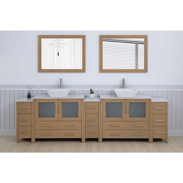108 in. W Double Basin Natural Oak Bath Vanity with White Engineered Marble Top and Mirror