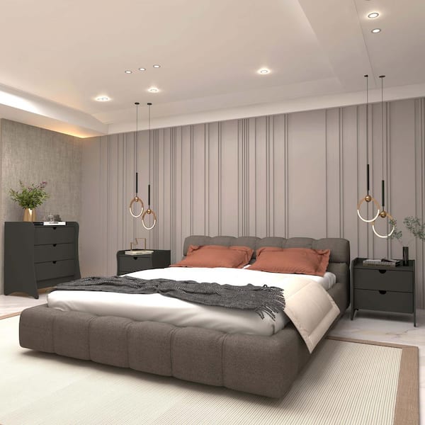 Manhattan Comfort Coney Mid-Century Modern Grey 3-Drawer 27.55 in. W Dresser and 2-Drawer 19.68 in. W Nightstand Set (3-Piece)