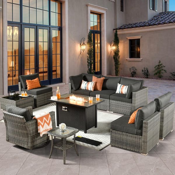 weaxty W Daffodil C Gray 10-Piece Wicker Patio Fire Pit Conversation Sofa Set with Swivel Rocking Chairs and Black Cushions