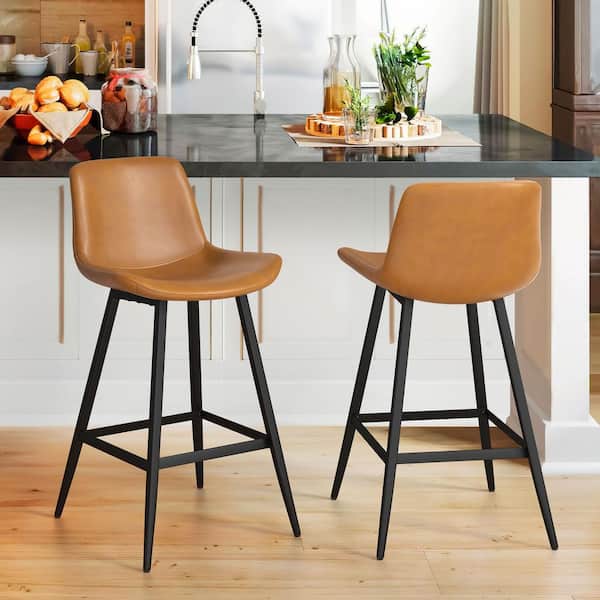 cozyman Abraham 26 in.Whiskey Brown Metal Counter Height Bar Stool Faux Leather Bar stool with Back Counter Stool Set of 2