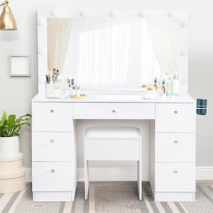 7-Drawers White Makeup Vanity Sets Dressing Table Sets with Stool, Mirror, Light and Storage Space