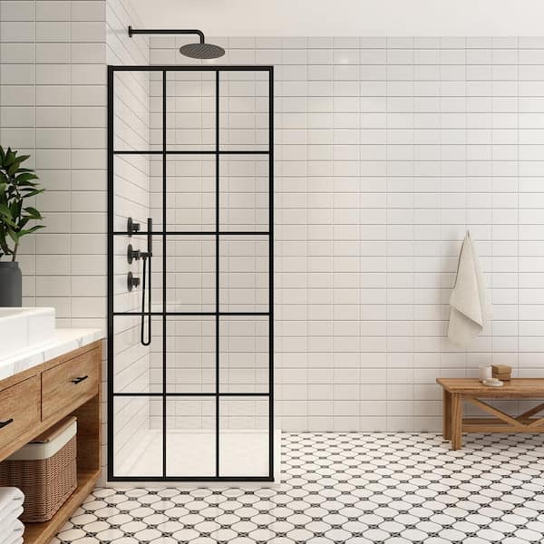 ROSWELL Puente 34 in. W x 78 in. H Fixed Single Panel Frameless Shower Door in Matte Black with Clear Glass