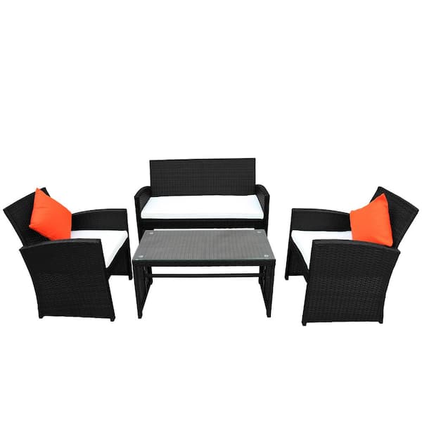 Unbranded 4-Piece All-Weather PE Black Wicker Patio Conversation Set with White Cushion