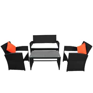 Black 4-Pieces Rattan Outdoor Patio Set All-Weather Rattan Sofa Set with Beige cushion and Orange pillow
