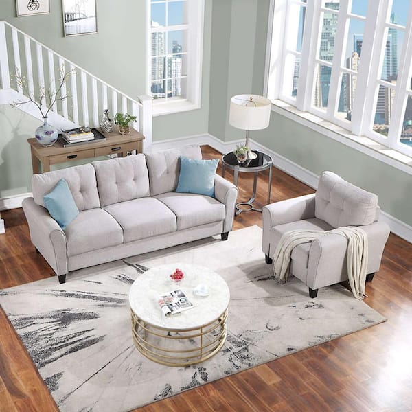 Polibi 79.9 in. Square Arm Linen Rectangle Sofa Set with 1 Chair and 3-Seat Sofa in Light Gray